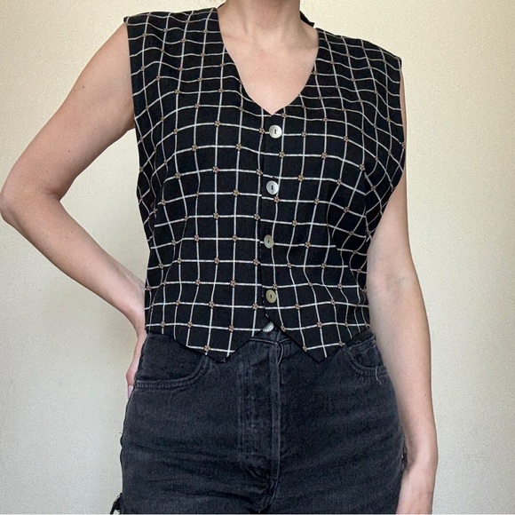Vintage Karin Steven’s Vest Black Checkered Floral Women’s Size 16 - Picture 1 of 6